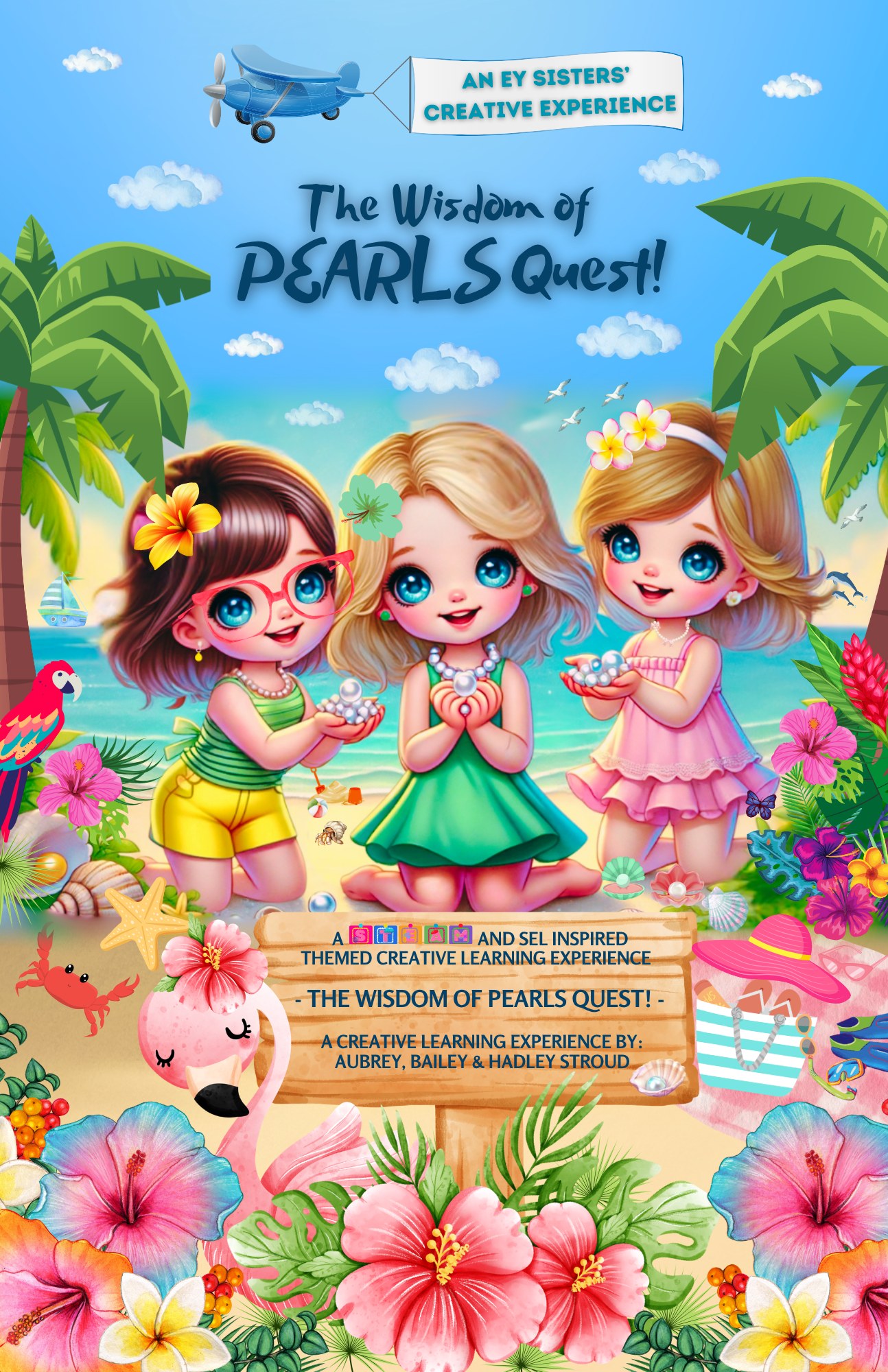 The Wisdom of Pearls Quest booklet cover — three young divers on a tropical beach holding pearls